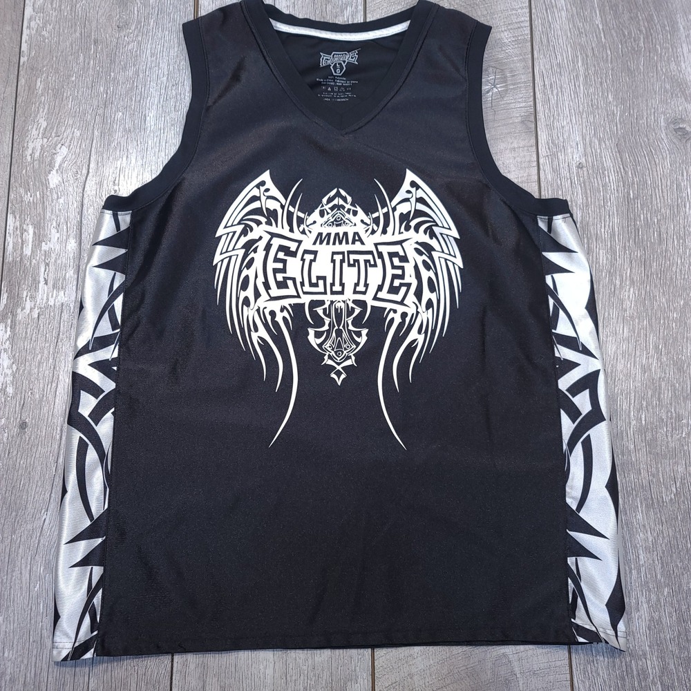 MMA Elite Tank Top Mens Large Black Tribal Graphic Sleeveless Jersey V-Neck